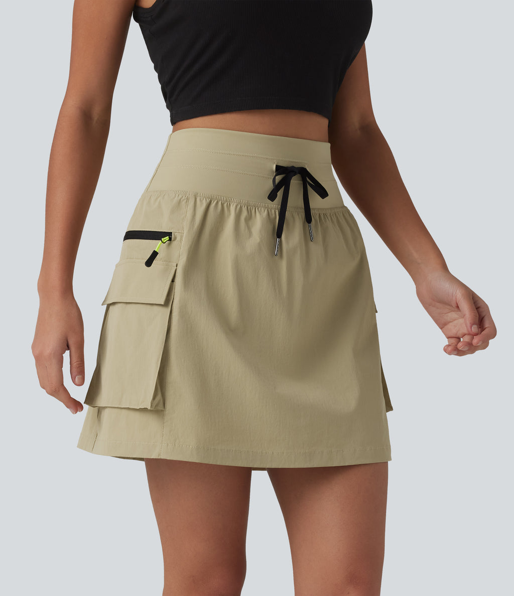 High Waisted Drawstring 2-in-1 Mini Hiking Skirt with Pockets — Gravel — view 3