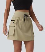 High Waisted Drawstring 2-in-1 Mini Hiking Skirt with Pockets — Gravel — view 3