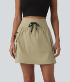 High Waisted Drawstring 2-in-1 Mini Hiking Skirt with Pockets — Gravel — view 1