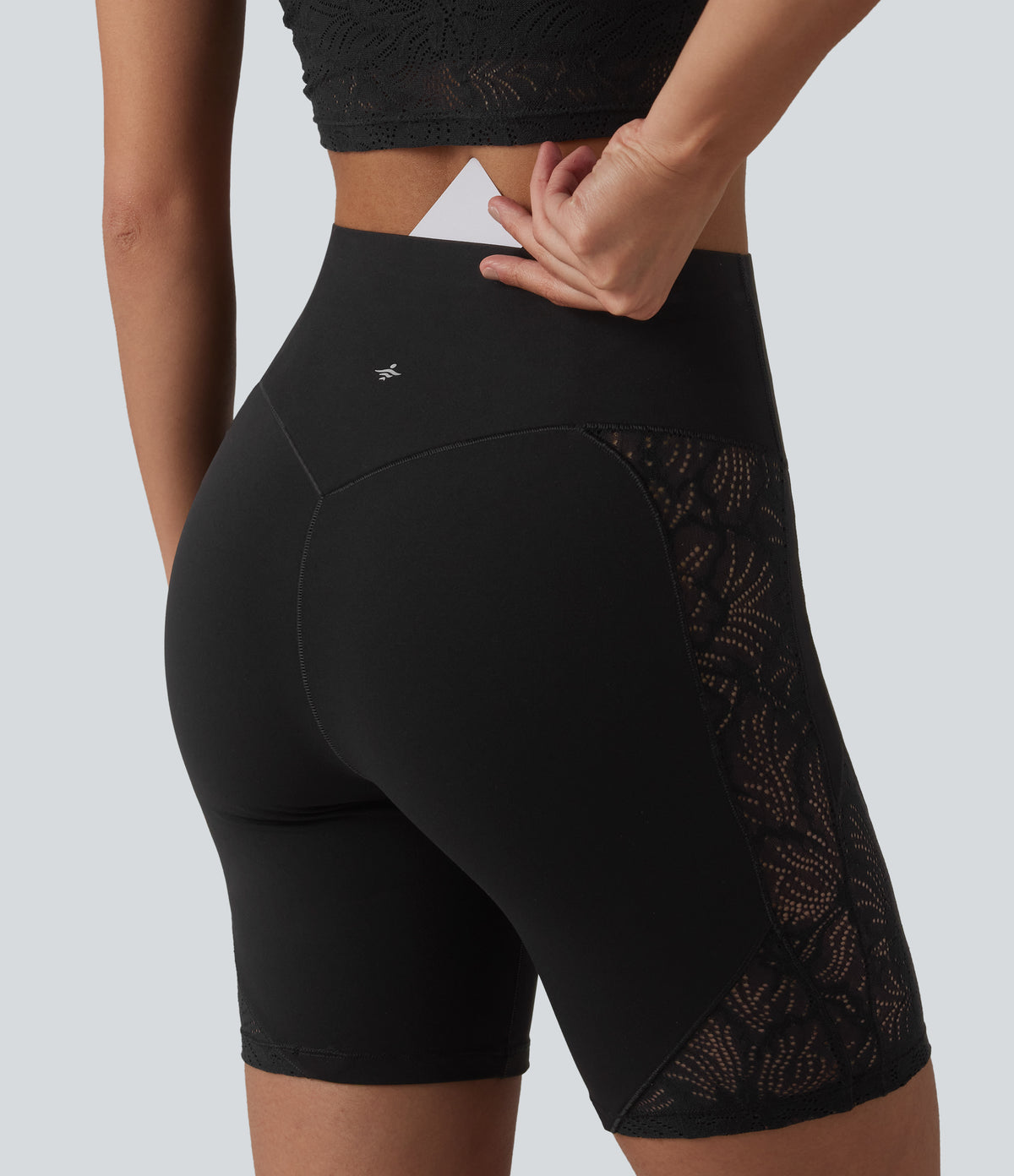 High Waisted Tummy Control Contrast Lace Yoga Biker Shorts 7'' with Pocket — Black — view 6