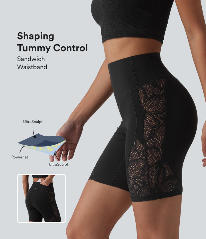 High Waisted Tummy Control Contrast Lace Yoga Biker Shorts 7'' with Pocket — Black — view 1