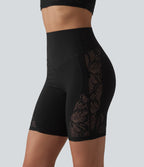 High Waisted Tummy Control Contrast Lace Yoga Biker Shorts 7'' with Pocket — Black — view 4