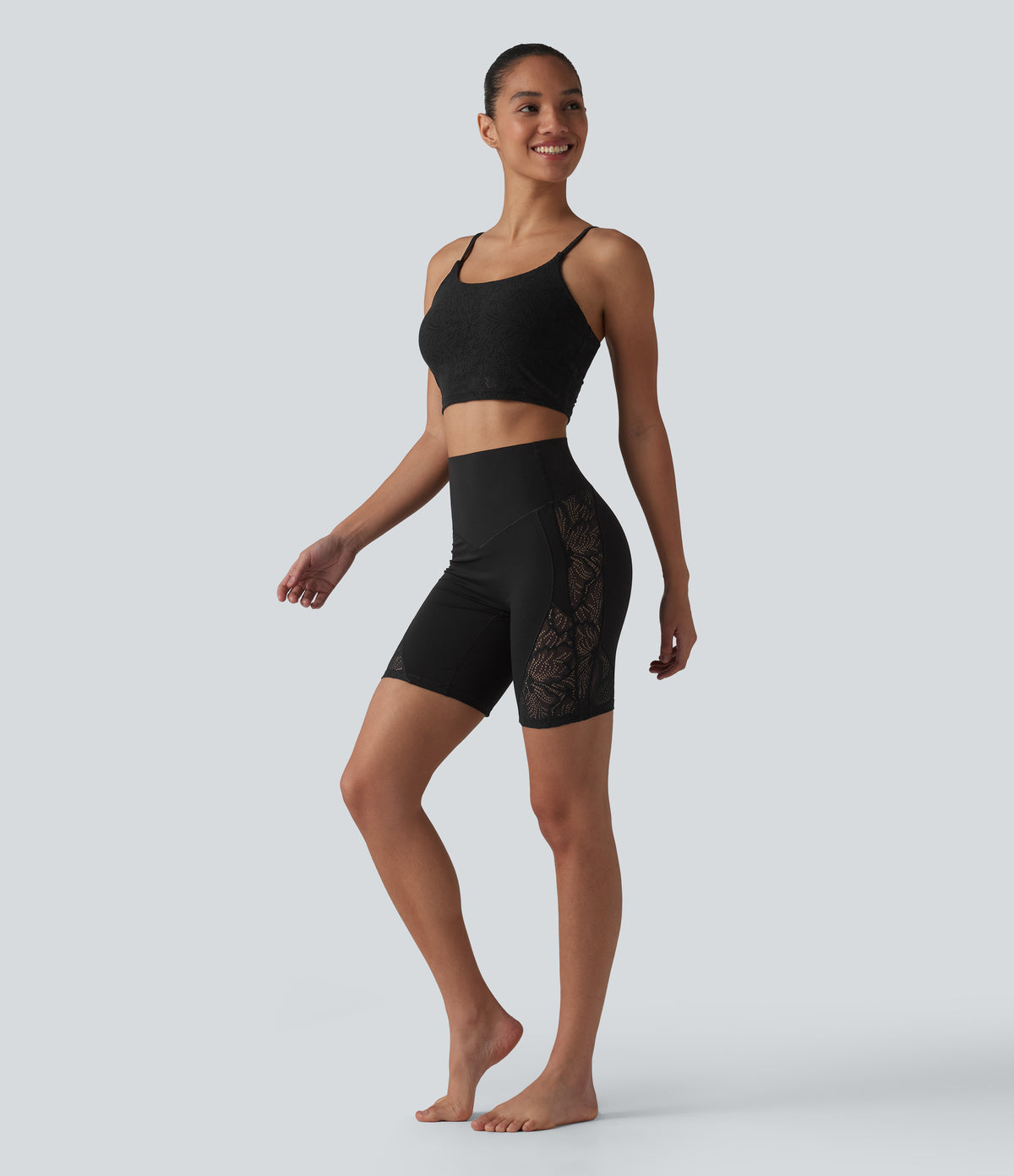 High Waisted Tummy Control Contrast Lace Yoga Biker Shorts 7'' with Pocket — Black — view 7