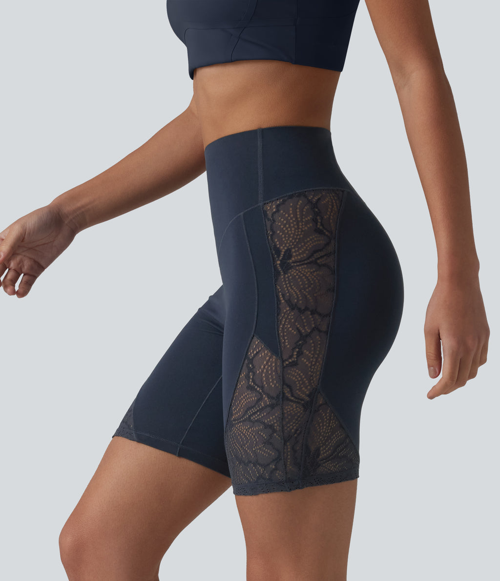 High Waisted Tummy Control Contrast Lace Yoga Biker Shorts 7'' with Pocket — Carbon — view 8