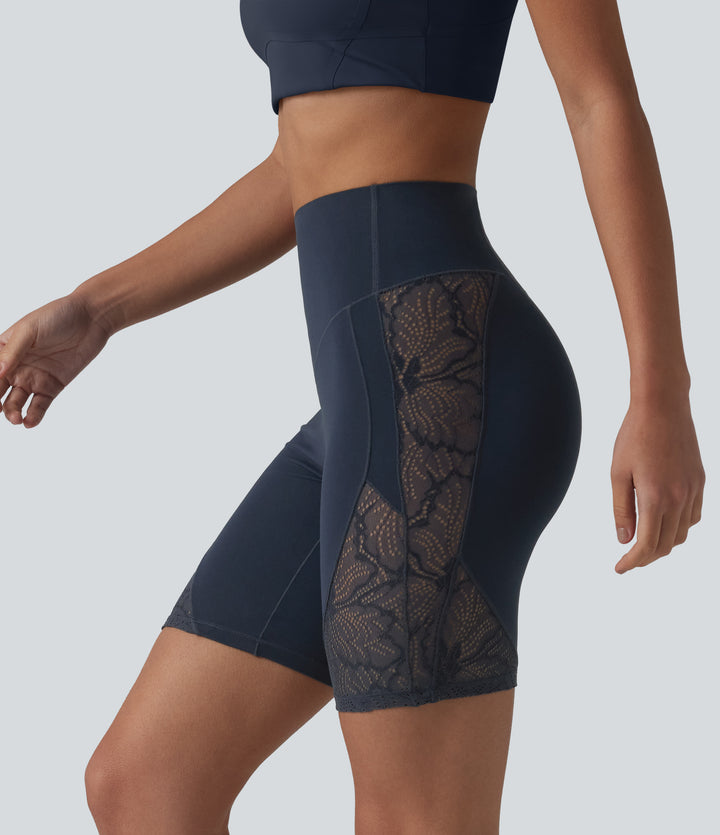High Waisted Tummy Control Contrast Lace Yoga Biker Shorts 7'' with Pocket — Carbon — view 8