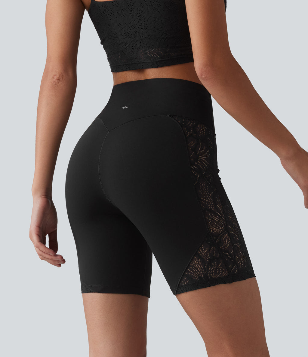 High Waisted Tummy Control Contrast Lace Yoga Biker Shorts 7'' with Pocket — Black — view 2
