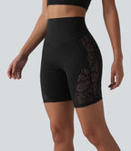 High Waisted Tummy Control Contrast Lace Yoga Biker Shorts 7'' with Pocket — Black — view 5