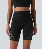 High Waisted Tummy Control Contrast Lace Yoga Biker Shorts 7'' with Pocket — Black — view 3