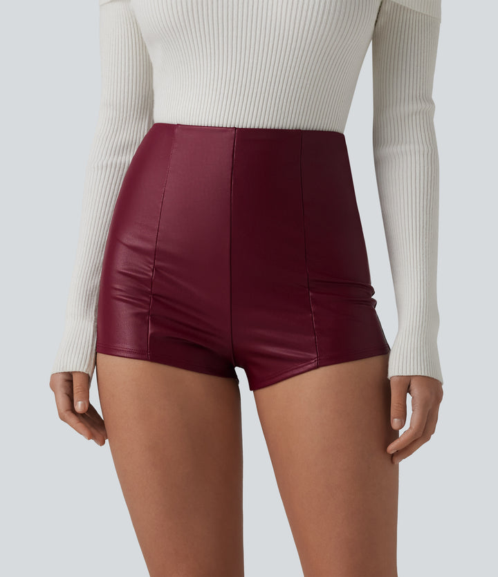 High Waisted Skinny Stretchy PU Casual Shorts — Berrywood Red — view 1
