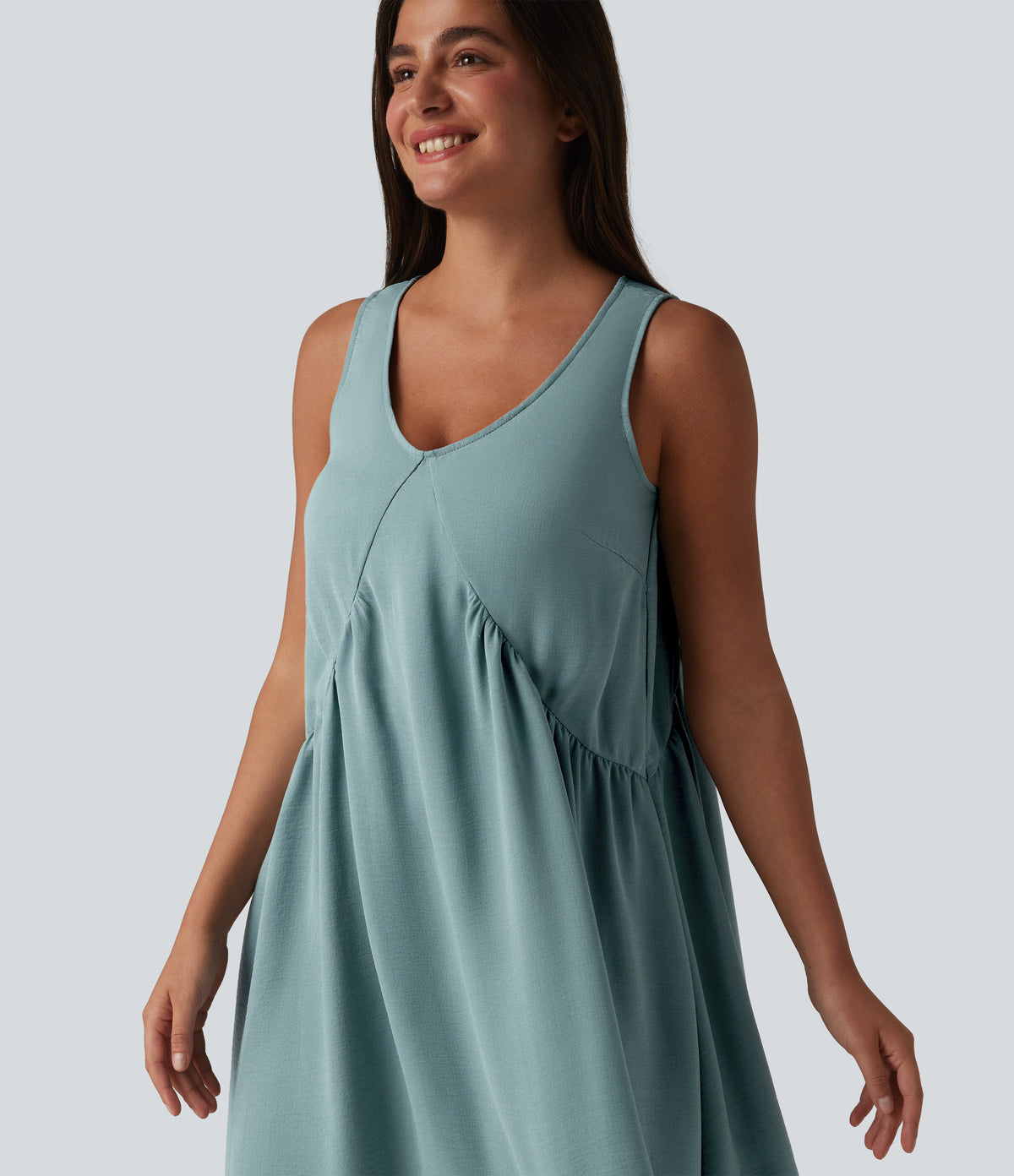 V Neck Built-in Bra Sleeveless Mini Linen-Feel Dress — Morning Dew Green — view 5