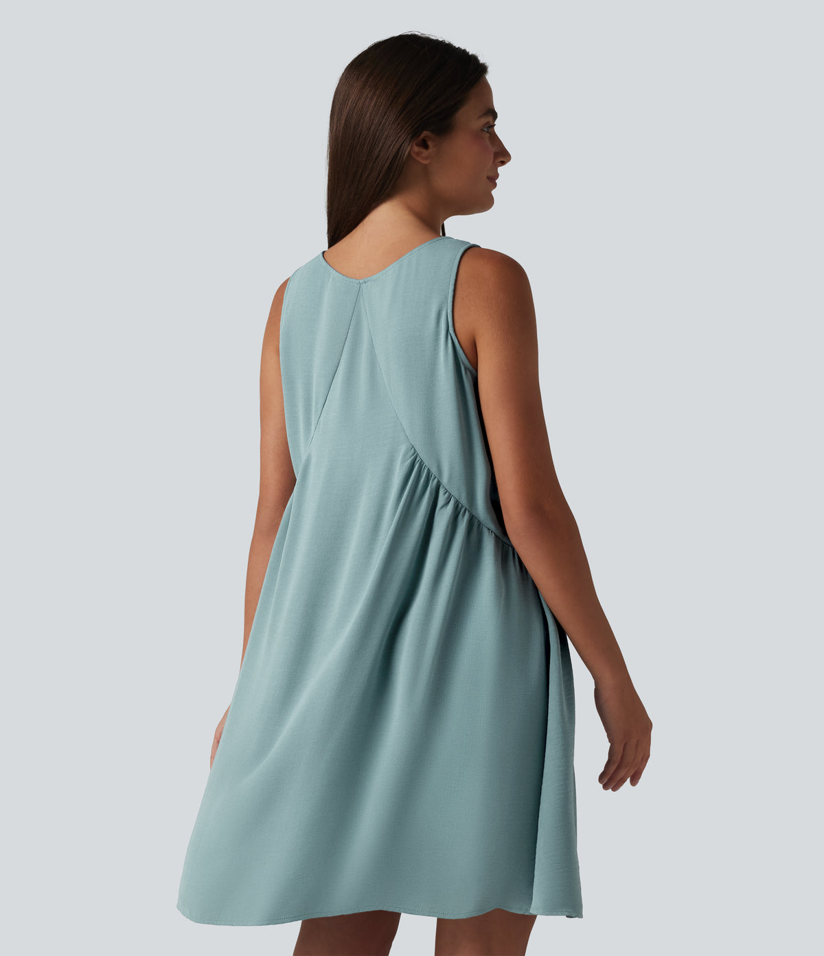 V Neck Built-in Bra Sleeveless Mini Linen-Feel Dress — Morning Dew Green — view 2