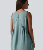 V Neck Built-in Bra Sleeveless Mini Linen-Feel Dress — Morning Dew Green — view 4