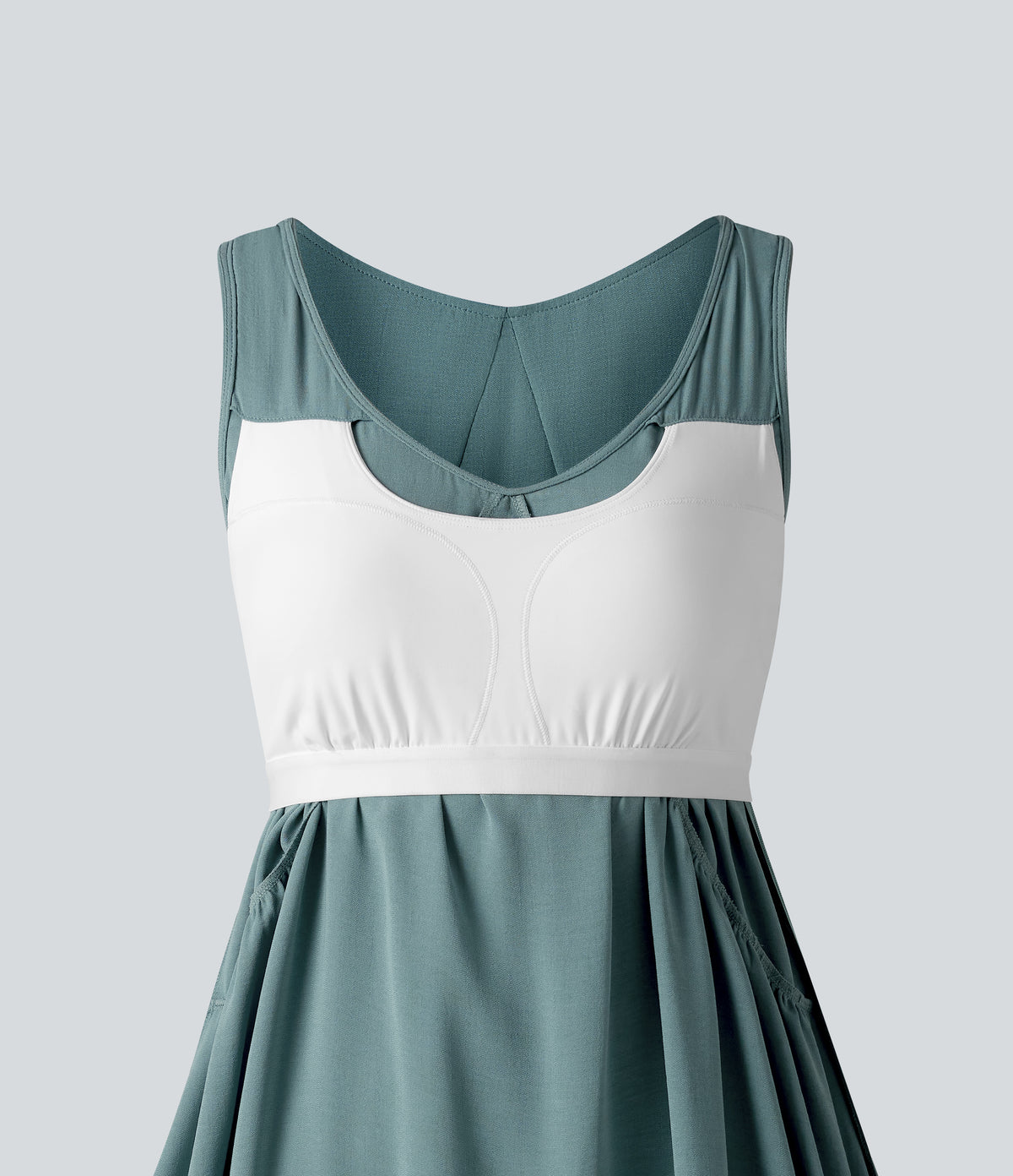 V Neck Built-in Bra Sleeveless Mini Linen-Feel Dress — Morning Dew Green — view 7