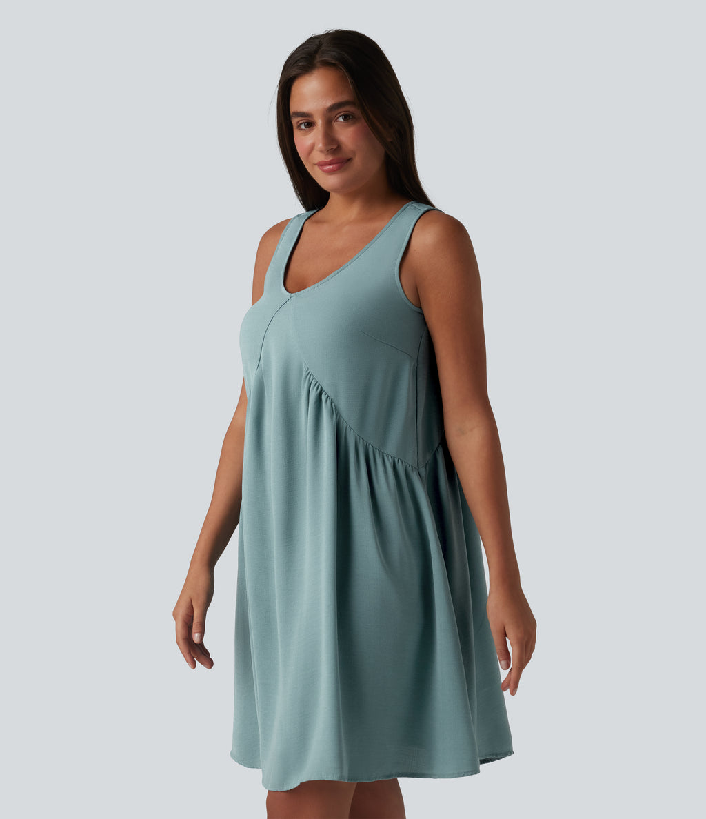 V Neck Built-in Bra Sleeveless Mini Linen-Feel Dress — Morning Dew Green — view 3