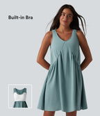 V Neck Built-in Bra Sleeveless Mini Linen-Feel Dress — Morning Dew Green — view 1