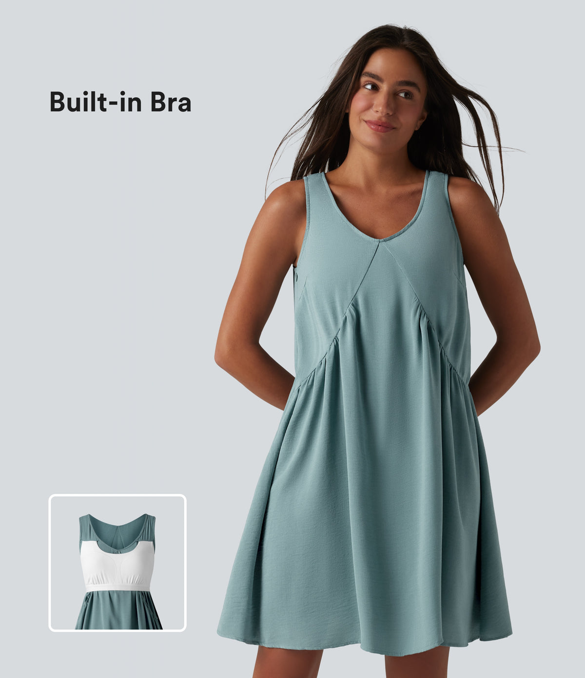 V Neck Built-in Bra Sleeveless Mini Linen-Feel Dress — Morning Dew Green — view 1