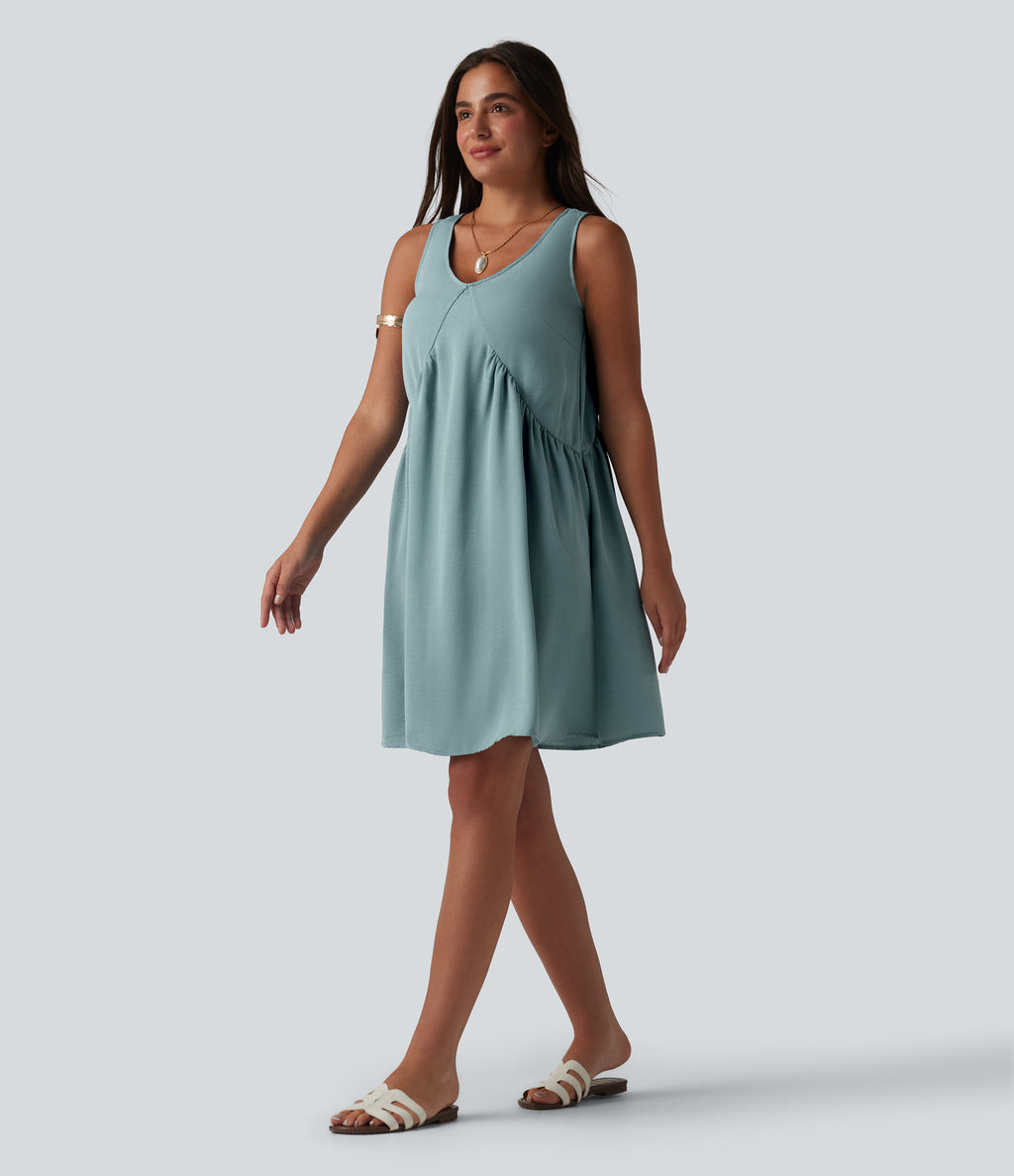 V Neck Built-in Bra Sleeveless Mini Linen-Feel Dress — Morning Dew Green — view 6