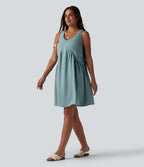 V Neck Built-in Bra Sleeveless Mini Linen-Feel Dress — Morning Dew Green — view 6