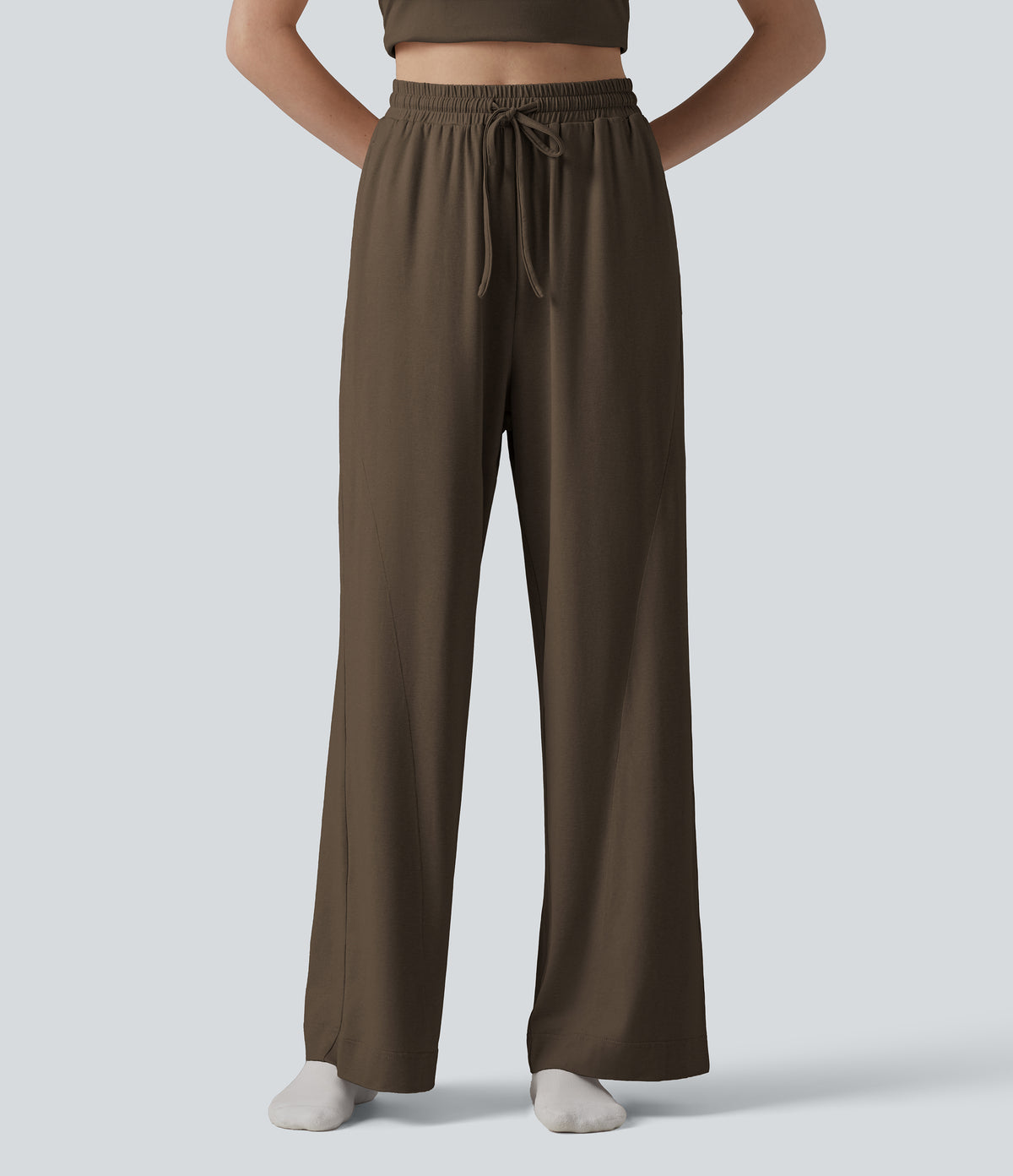 High Waisted Drawstring Baggy Lounge Trousers with Pockets — Slate Black — view 6