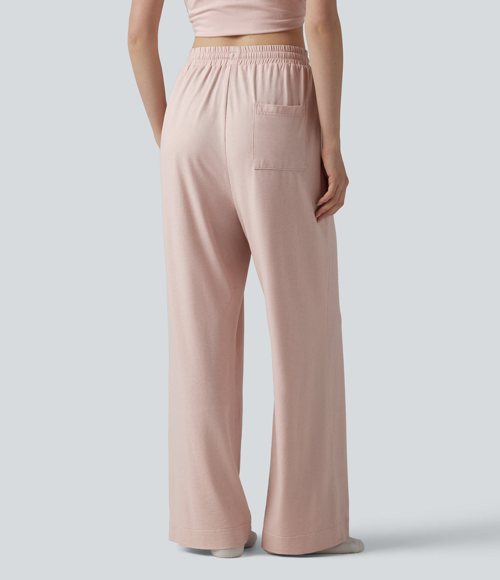 High Waisted Drawstring Baggy Lounge Trousers with Pockets — Shell — view 2