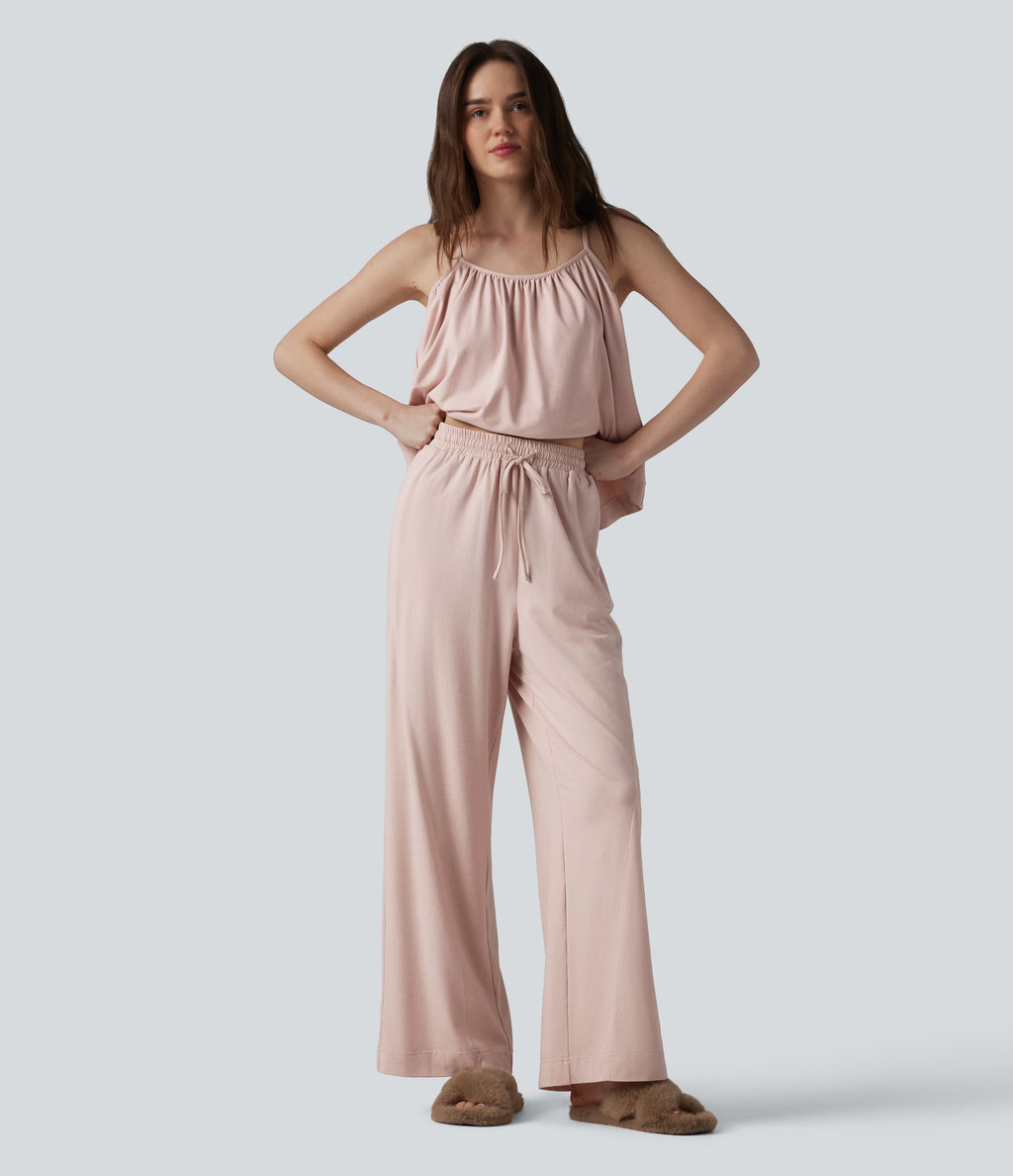 High Waisted Drawstring Baggy Lounge Trousers with Pockets — Shell — view 5