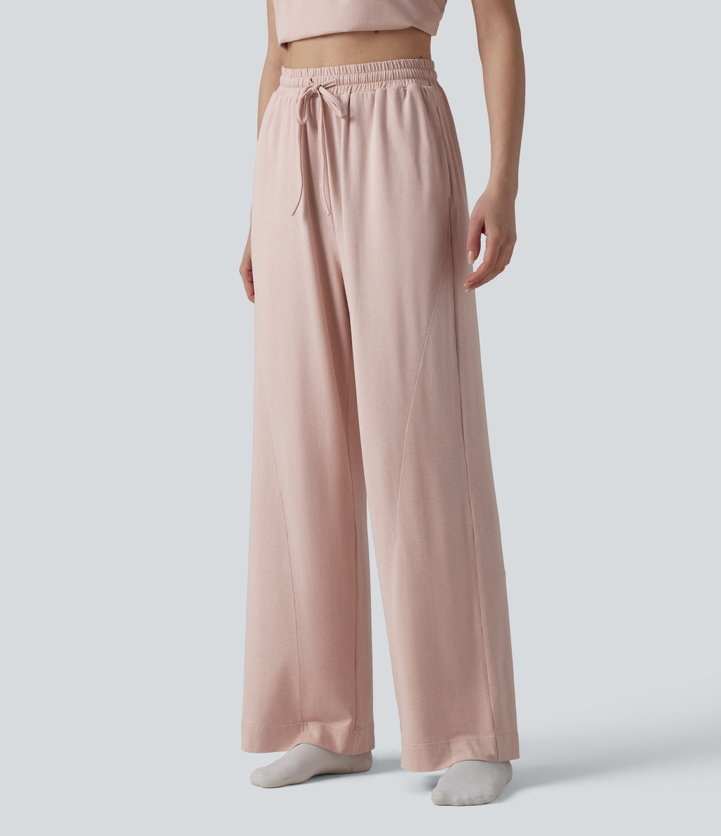High Waisted Drawstring Baggy Lounge Trousers with Pockets — Shell — view 3