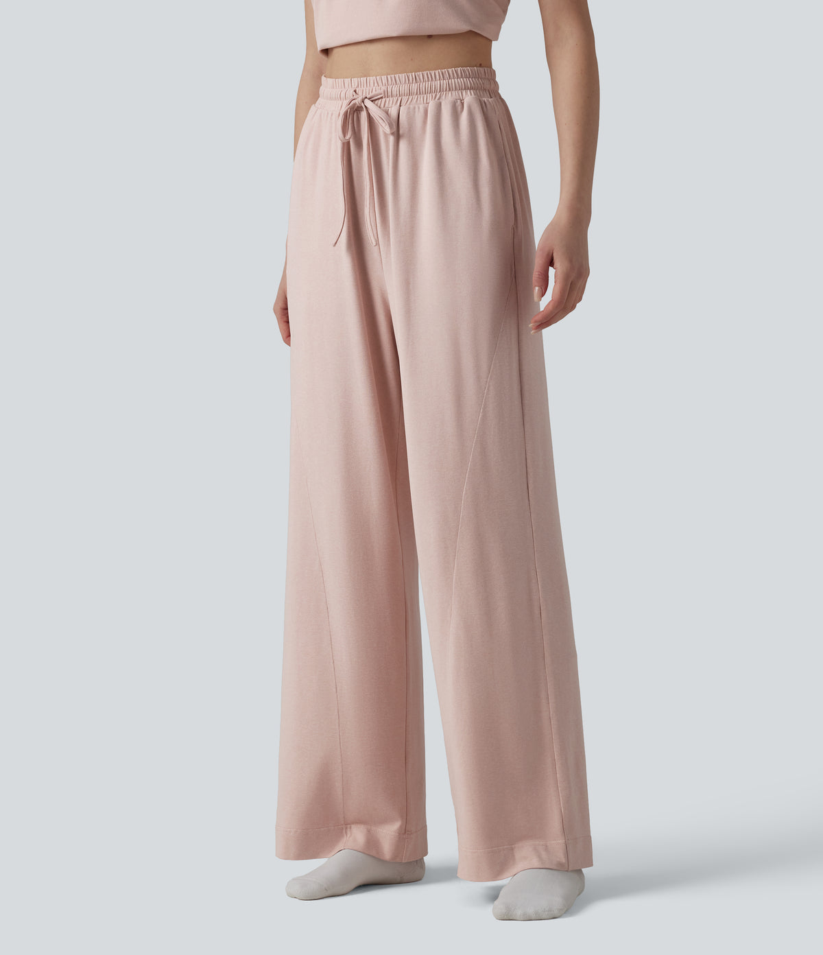 High Waisted Drawstring Baggy Lounge Trousers with Pockets — Shell — view 3