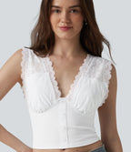 Ribbed Knit V Neck Contrast Lace Casual Tank Top — Frost White — view 4