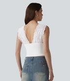 Ribbed Knit V Neck Contrast Lace Casual Tank Top — Frost White — view 2