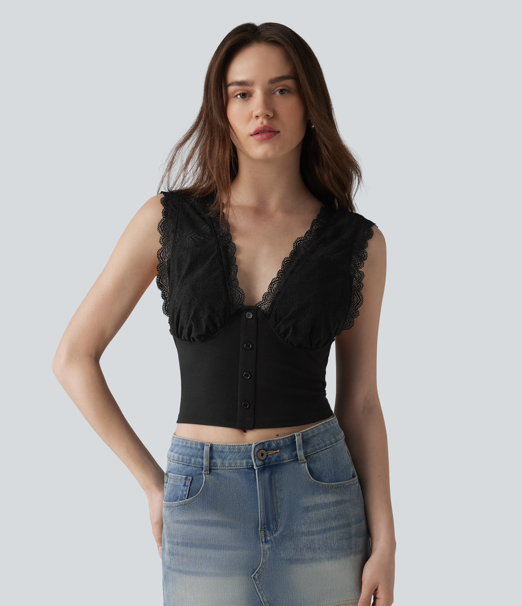 Ribbed Knit V Neck Contrast Lace Casual Tank Top — Black — view 6