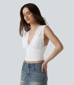 Ribbed Knit V Neck Contrast Lace Casual Tank Top — Frost White — view 3