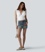 Ribbed Knit V Neck Contrast Lace Casual Tank Top — Frost White — view 5