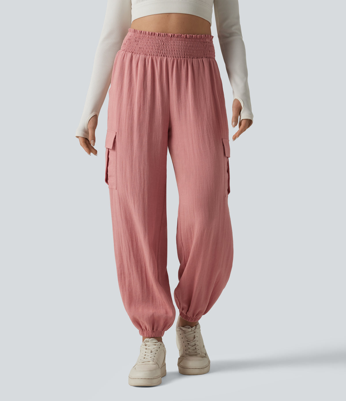 High Waisted Shirred Linen-Feel Casual Cargo Joggers with Pockets — Rosette — view 3