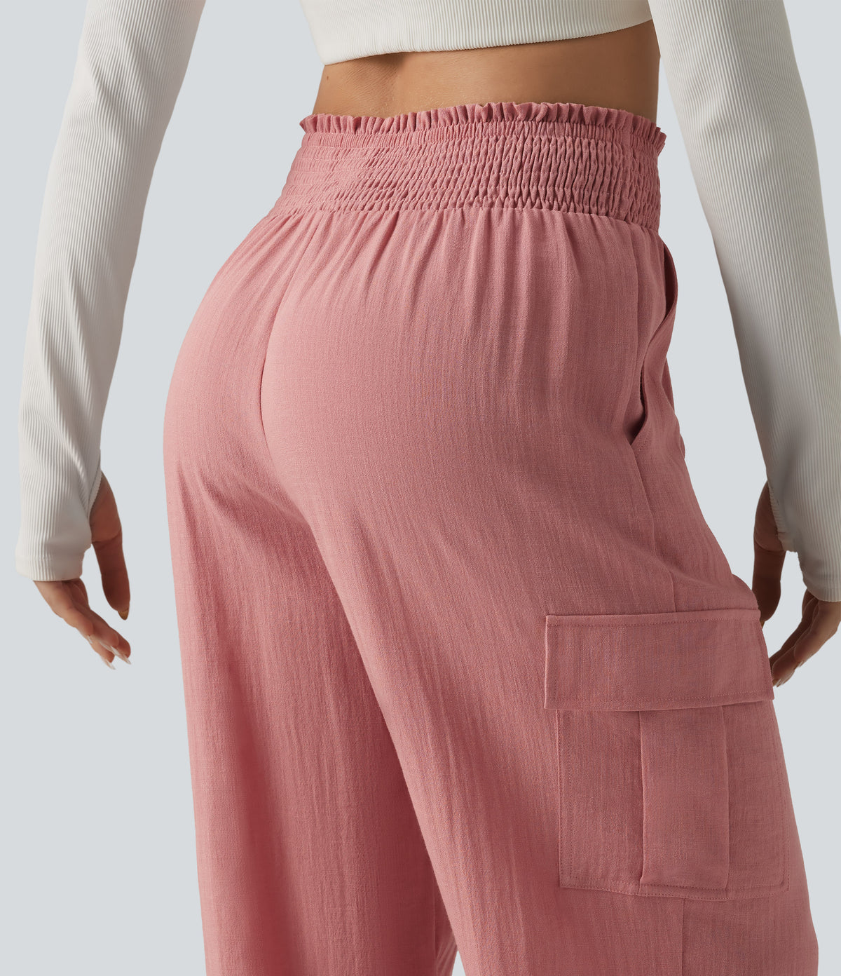 High Waisted Shirred Linen-Feel Casual Cargo Joggers with Pockets — Rosette — view 4