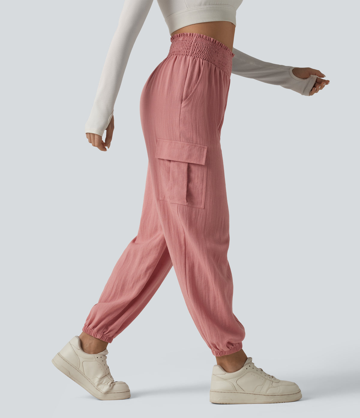 High Waisted Shirred Linen-Feel Casual Cargo Joggers with Pockets — Rosette — view 1