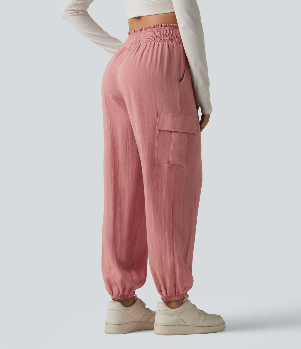 High Waisted Shirred Linen-Feel Casual Cargo Joggers with Pockets — Rosette — view 2