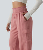 High Waisted Shirred Linen-Feel Casual Cargo Joggers with Pockets — Rosette — view 5