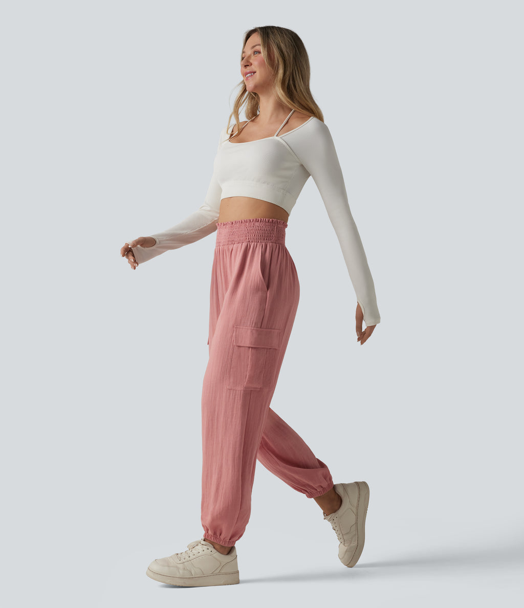 High Waisted Shirred Linen-Feel Casual Cargo Joggers with Pockets — Rosette — view 6