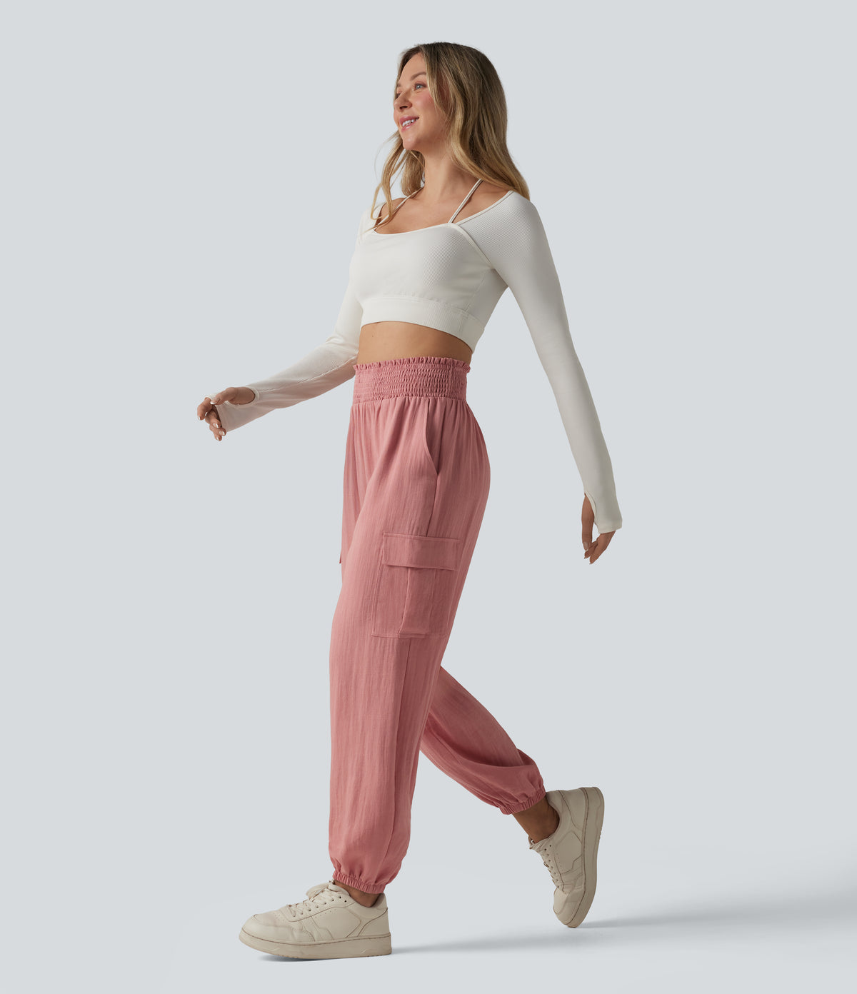 High Waisted Shirred Linen-Feel Casual Cargo Joggers with Pockets — Rosette — view 6