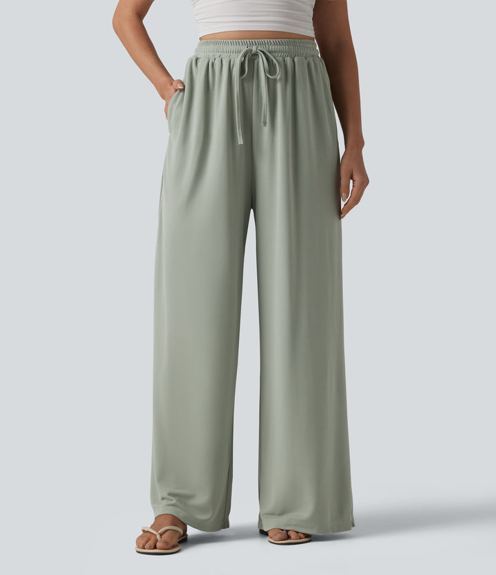 High Waisted Drawstring Baggy Trousers with Pockets — Desert Sage — view 1