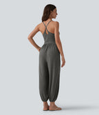 Crisscross Backless Sleeveless Built-in Bra Heathered Casual Jumpsuit with Pockets — Darl Gray Floral Yarn — view 9