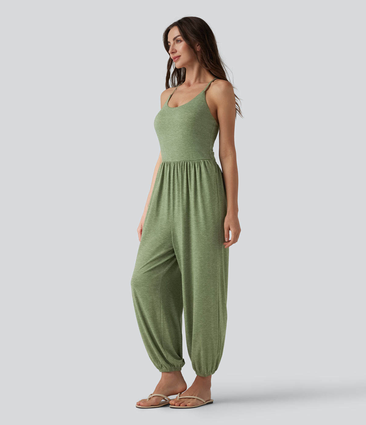 Crisscross Backless Sleeveless Built-in Bra Heathered Casual Jumpsuit with Pockets — Light Green Floral Yarn — view 3
