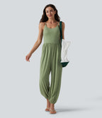 Crisscross Backless Sleeveless Built-in Bra Heathered Casual Jumpsuit with Pockets — Light Green Floral Yarn — view 8
