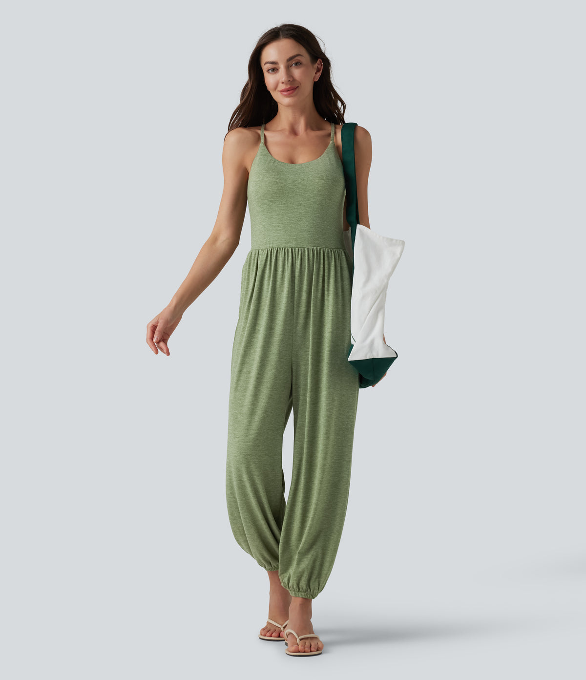 Crisscross Backless Sleeveless Built-in Bra Heathered Casual Jumpsuit with Pockets — Light Green Floral Yarn — view 8