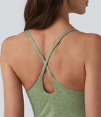 Crisscross Backless Sleeveless Built-in Bra Heathered Casual Jumpsuit with Pockets — Light Green Floral Yarn — view 5