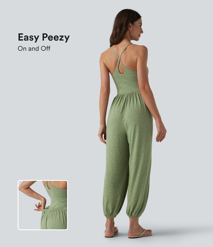 Crisscross Backless Sleeveless Built-in Bra Heathered Casual Jumpsuit with Pockets — Light Green Floral Yarn — view 1