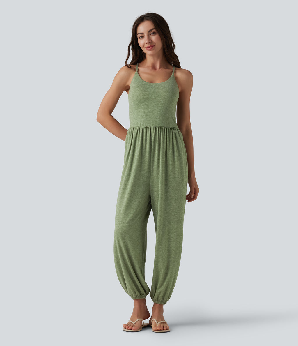 Crisscross Backless Sleeveless Built-in Bra Heathered Casual Jumpsuit with Pockets — Light Green Floral Yarn — view 2