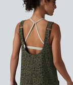 Adjustable Straps Rolled Hem Leopard Print Casual Short Dungarees with Pockets — Olive Leopard — view 5