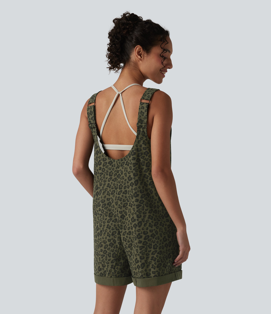 Adjustable Straps Rolled Hem Leopard Print Casual Short Dungarees with Pockets — Olive Leopard — view 2