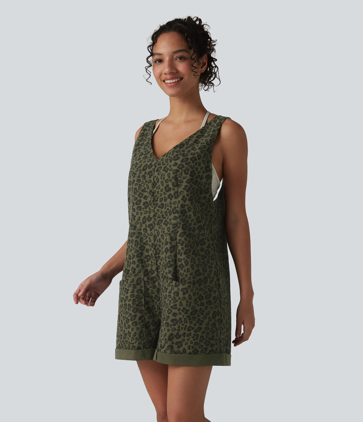 Adjustable Straps Rolled Hem Leopard Print Casual Short Dungarees with Pockets — Olive Leopard — view 3